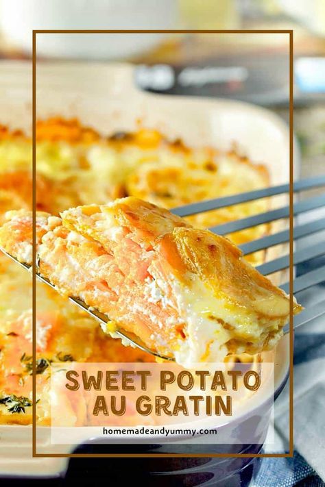 Sweet Potato Gratin Recipes, Sweet Potato Scalloped Potatoes, Sweet Potato Au Gratin, Potato Au Gratin, Scalloped Sweet Potatoes, Sweet Potato Gratin, Au Gratin Potato Recipes, Au Gratin Recipes, Potatoes Au Gratin