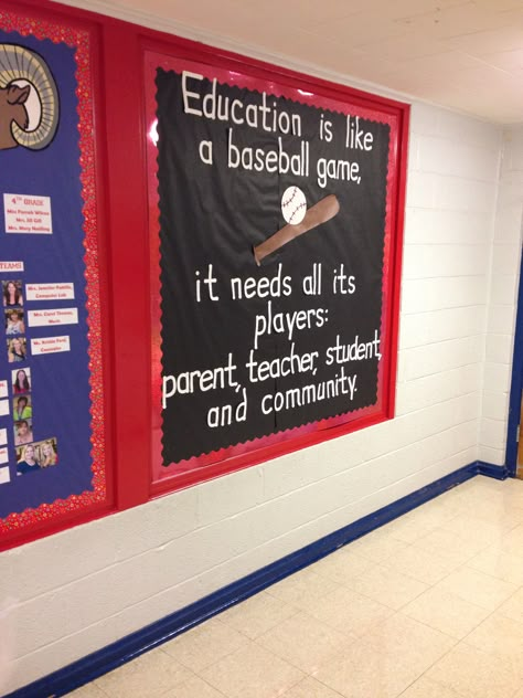 Parental involvement board Parent Resource Room, Child Education Quotes, School Sports Theme, Counseling Bulletin Boards, Sports Theme Classroom, School Hallway, Sports Classroom, Team Theme, Child Education