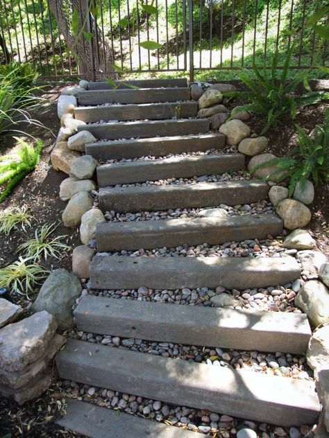 Wood Steps and Gravel Landscape and Garden Projects Project Difficulty: Simple Landscaping and Gardening Projects www.MaritimeVintage.com   #Garden #Gardening #Landscape #Landscaping Sloped Backyard Landscaping, Landscape Stairs, Simple Landscaping, Gravel Landscaping, Sloped Backyard, Gardening Projects, Stone Steps, Garden Stairs, Wood Steps