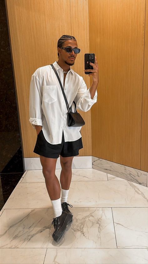 Dr Martin Low Outfit Men, Men Chic Summer Outfit, Nonbinary Mens Fashion, Men’s Clothing Aesthetic Summer, Black Shirt And Black Shorts Outfit, Doc Martens With Shorts Men, White Button Up Summer Outfit, Mens White Button Down Outfit, Men Date Night Outfit Summer