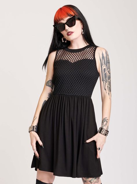 Fishnet Little Black Dress Goth Sundress, Goth Dresses, Gothic Dresses, 80s Punk, Wings Dress, Staple Dress, Skull Dress, Fishnet Dress, Dresses Cute