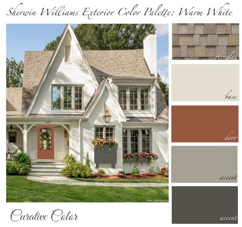 Warm White SHERWIN WILLIAMS Exterior Color Palette - Etsy Elephant Ear Sherwin Williams Exterior, Warm White House Exterior, Light Brown Roof Exterior Colors, Oyster White Sherwin Williams Exterior, Oyster White Exterior House, Shoji White Sherwin Williams Exterior, Tan Roof House Colors, Cream Exterior House Color, Craftsman Exterior Paint Colors