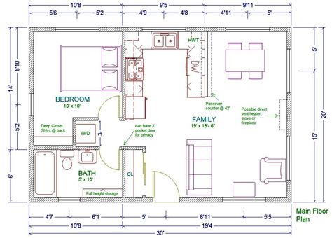 20x30 single story floor plan. One bedroom small house plan. Move the washer and dryer into the bathroom and make the bedroom closet bigger. Entryway Floor, 20x30 House Plans, Studio Apartment Floor Plans, 1 Bedroom House Plans, Guest House Plans, House Plan With Loft, 1 Bedroom House, Cabin Floor, House Plans One Story