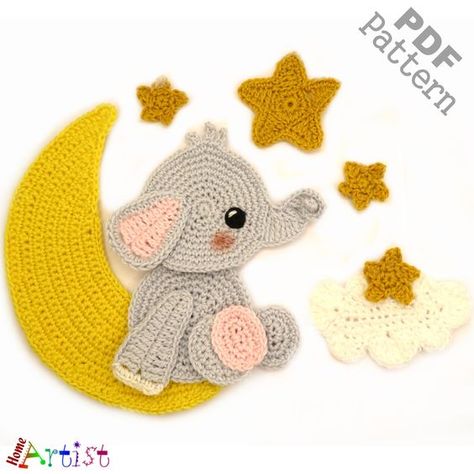 Crochet Pattern - Instant PDF Download - Elephant and Moon -  Crochet applique pattern in  ❤️ Inspired to Elevate? Save This Pin, Then Head to Our Site 🙌 crochet applique eye, crochet applique earrings, crochet applique easter, crochet applique elephant free pattern, crochet applique evil eye, crochet baby blanket with elephant applique, free crochet pattern for elephant applique, easy crochet applique patterns free free Crochet Sloth Applique Pattern Free, Crochet Duck Applique, Crochet Decals Applique Patterns, Crochet Elephant Pattern Free, Crochet Applique Patterns, Applique Christmas Tree, Moon Applique, Diagram Crochet, Cherry Crochet