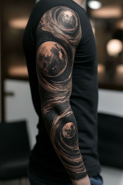 Black Holes Tattoos, Realistic Galaxy Tattoo, Ying Yang Sleeve Tattoo, Planet Sleeve Tattoo, Astronomy Sleeve Tattoo, Tattoo Sleeve Space, Space Leg Sleeve Tattoo, Planet Tattoos Men, Hypercube Tattoo