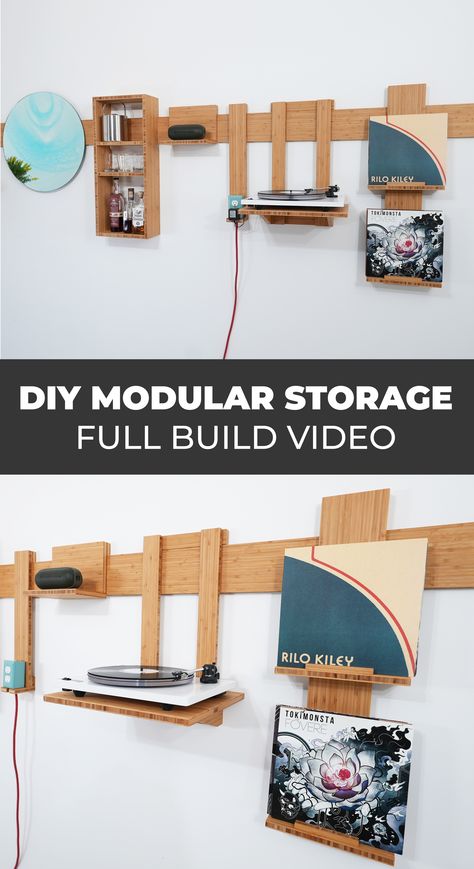 Ben Uyeda of HomeMade Modern made these modular storage units out of bamboo plywood using basic power tools.  A full build video of this plywood woodworking project using a French cleat system is available. Modular Shelving System Diy, French Cleat Office Wall, French Cleat Bookshelf, Diy Plywood Art, Diy French Cleat, Garage Setup, Cleat Storage, French Cleat Storage, Cleat Wall