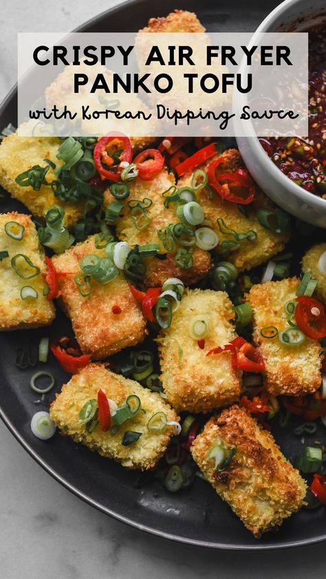 Panko Tofu Air Fryer, Crispy Tofu Air Fryer, Panko Tofu, Korean Tofu Recipes, Korean Dipping Sauce, Rice And Kimchi, Air Fried Tofu, Air Fryer Tofu, Deep Fried Tofu