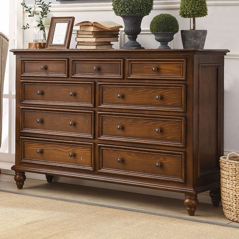 What is Included Style: Traditional Product Type: Double Dresser Bachelor Chest Color: Brown Handle Color: Bronze Material: Wood Handle/Accent Material: Metal Wood Type: Ash Wood Tone: Medium Wood Orientation: Horizontal Vertical Size: 53"L x 17"W x 30"H 33"L x 18"W x 39"H 49"L x 17"W x 30"H 57"L x 17"W x 30"H 61"L x 17"W x 30"H 33"L x 18"W x 31"H Length: Standard (38 - 58 in.) Narrow (Under 38 in.) Wide (Over 58 in.) Height: Low (Under 36 in.) Standard (36 - 50 in.) Purposeful Distressing Type: Solid Wood Dressers, Traditional Style Furniture, Bedroom Wood Furniture, Wood Furniture Bedroom Decor, Cherry Wood Bedroom, Dark Wood Dresser, Dark Wooden Furniture, Wood Bedroom Decor, Dark Wood Bedroom Furniture