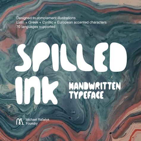 Spilled Ink is a handwritten typeface designed to complement illustrations. Inspired by the idea of spilled ink that spreads and fills the shape of letters. #font, #typeface, #smooth, #soft, #rounded, #handwritten, #decorative, #lettering, #poster, #headline, #cute, #playful, #ridiculous, #sloppy, #cartoon, #comics, #kids, #spilled, #ink, #liquid, #fluid, #eat, #food, #fruit, #drinks, #cyrillic Fluid Fonts Typography, Liquid Font Typography, Liquid Typeface, Round Typeface, Liquid Lettering, Fluid Typography, Fluid Font, Fluid Logo, Playful Typeface