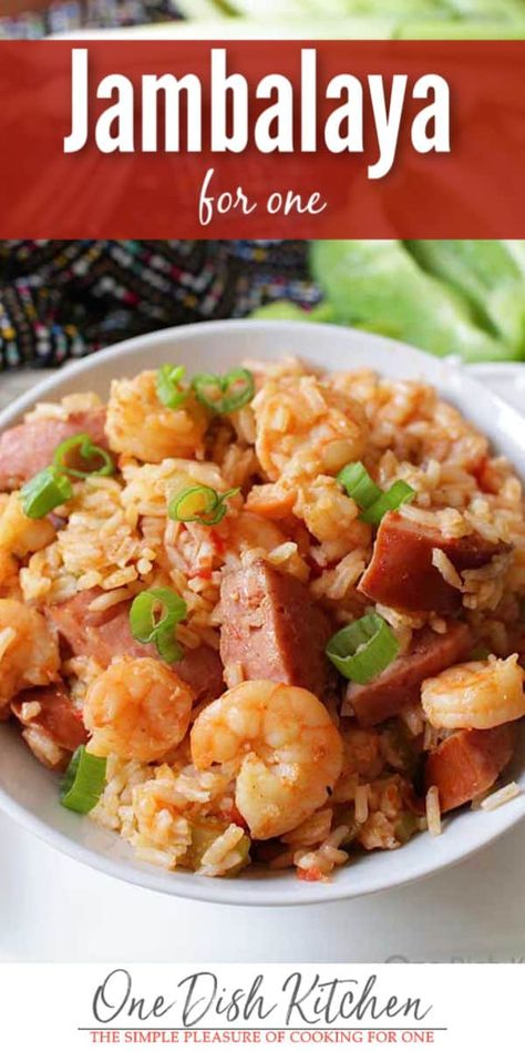 Authentic Louisiana style Shrimp Jambalaya Recipe. A flavorful single serving recipe that can be ready in 30 minutes! Made with the "trinity" of vegetables, this traditional New Orleans jambalaya recipe will surely become a favorite! Jambalaya For Two, Single Meals Cooking For One, Recipes For One Person, New Orleans Jambalaya, New Orleans Jambalaya Recipe, Shrimp And Sausage Jambalaya, Food For One, Sausage Jambalaya Recipe, Shrimp Jambalaya