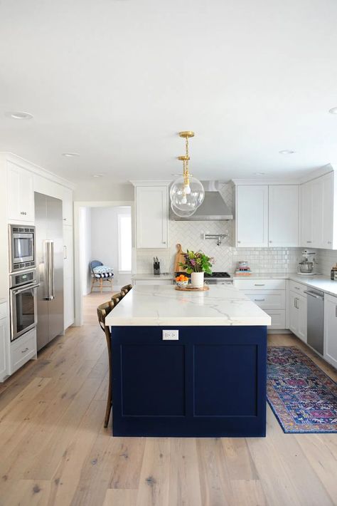 Blue Kitchen Island, Kitchen Diy Ideas, Navy Kitchen, Kitchen Lighting Design, Best Kitchen Cabinets, All White Kitchen, Kitchen Remodel Before And After, Kitchen Gallery, White Kitchen Design