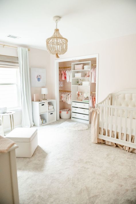 Gold Nursery Accents, Baby Girl Nursery Closet, Neutral Baby Girl Nursery, Girl Nursery Closet, Pink Girl Nursery, Luxury Baby Room, Atlanta Style, Built In Closet, Blush Nursery