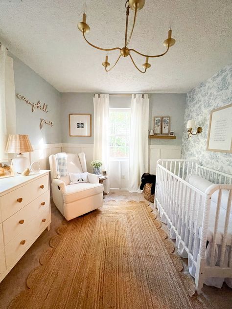 Nursery Ideas Italian, Baby Room With Wallpaper, Long Nursery Layout, French Nursery Ideas, Timeless Nursery Ideas, Tiny Nursery Layout, Country Style Nursery, Coastal Grandma Nursery, Nursery Aesthetic Colorful