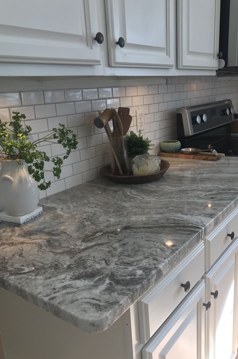 Fantasy Brown granite with small white subway tiles and warm gray grout. Cheap Kitchen Countertops, Farmhouse Kitchen Countertops, Farmhouse Kitchen Backsplash, White Granite Countertops, Kitchen Remodel Countertops, White Kitchen Backsplash, Kabinet Dapur, Kitchen Counter Top, Cheap Kitchen