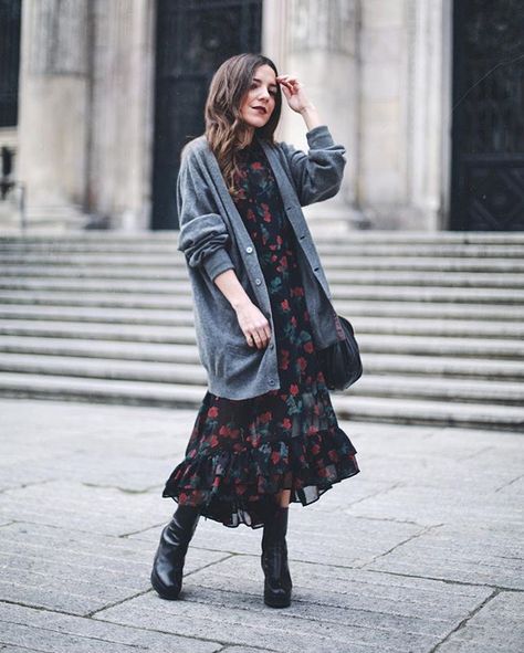 But first, unicorns 🦄 Black Knit Midi Dress Outfit Winter, Maxi Cardigan Outfit Winter, Midi Cardigan Outfit, Cardigan With Midi Dress, Maxi Dress Winter Outfit Boots, Long Black Knit Dress Outfit Winter, Black Floral Outfit, Maxi Dress With Boots Winter, Midi Dress And Cardigan Outfit