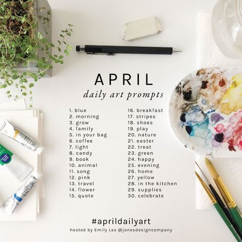 Paint with me! (April Daily Art Prompts) | https://jonesdesigncompany.com/things-i-like/april-daily-art-prompts/ Jones Design Company, 30 Day Art Challenge, Watercolour Challenge, Art Journal Challenge, April Art, Paint With Me, Art Journal Prompts, Drawing Ideas List, Art Therapy Projects