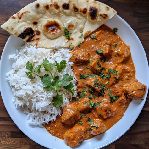 Chicken Tikka masala with Long grain rice and naan Naan Bread And Chicken, Chicken Tikka Masala Aesthetic, Chicken Tikki Masala, Spicy Chicken Tikka Masala, Lamb Tikka Masala Recipe, Chicken Tika Masala, Nice Dinner Ideas, Healthy Chicken Dinner Ideas, Food Main Course