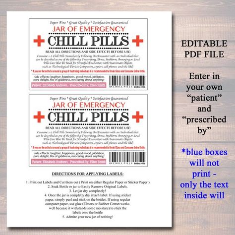 EDITABLE Chill Pills Label Funny Gag Gift Professional Office | Etsy Funny Labels, Caregiver Gifts, Coworker Birthday, Learning Support, Teachers Gifts, Labels Printables Free, Merch Ideas, Child Psychology, Chill Pill