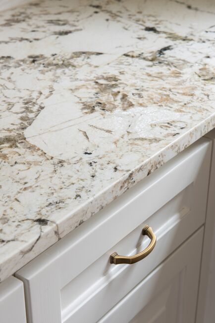 Kitchen Granite Countertop and Hardware Tan Granite Bathroom Countertops, Cream Wood Kitchen, Countertop Ideas Granite, Cream And Wood Kitchen, Honed Granite Countertops, Light Granite Countertops, Kitchen Counter Design, Granite Samples, Kitchen Granite Countertops