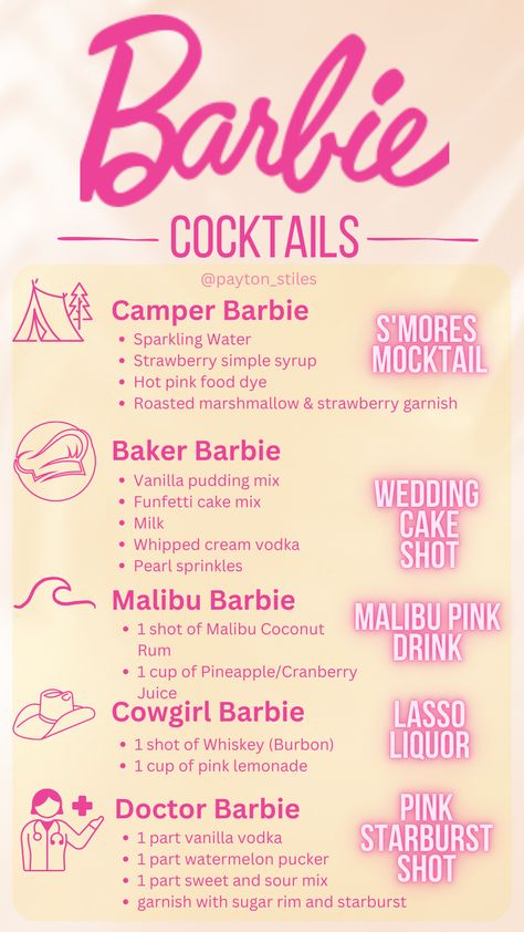 Barbie 24th Birthday, Barbie Inspired Alcohol Drinks, Barbie Date Night, Barbie Slumber Party Outfit, Barbie Mixed Drink, Barbie Sangria, Barbie Movie Night At Home, Barbie Parties For Adults, Barbie Themed 21st Birthday Party