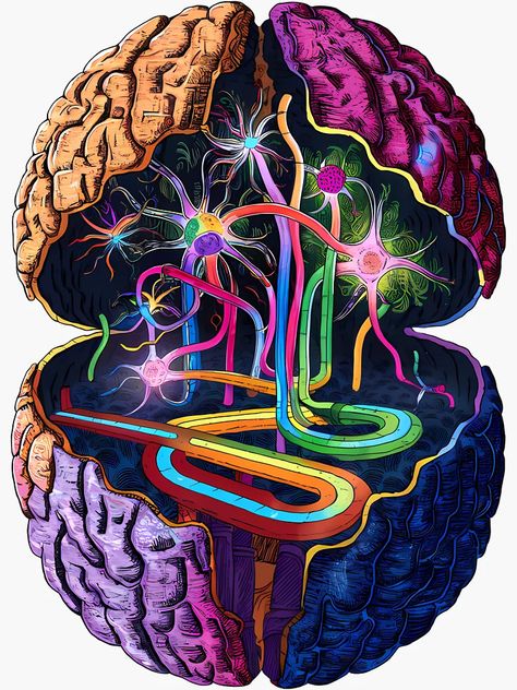 "Vibrant Brain Art - Colorful Neural Pathways Illustration - Digital Brain Art" Sticker for Sale by WatermelonPink | Redbubble Brain Research Aesthetic, Brain Freeze Illustration, Chaotic Mind Art, Trippy Brain Art, Brain Poster Design, Pathways Illustration, Brain Art Creative, Psychology Art Creative, Riso Animation