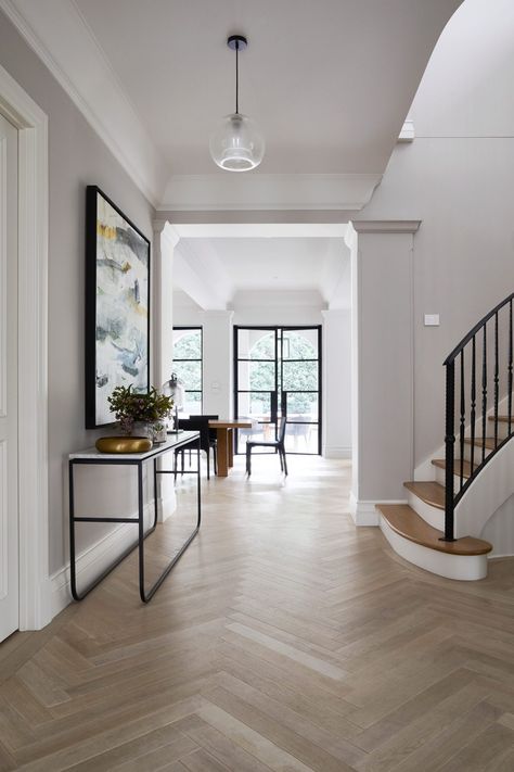 Town House Renovation Ideas, Town House Design Interior, Paneled Stairwell, White Rendered House, Light Parquet Flooring, Rendered House, Drake House, Parquet Herringbone, Sofa Area