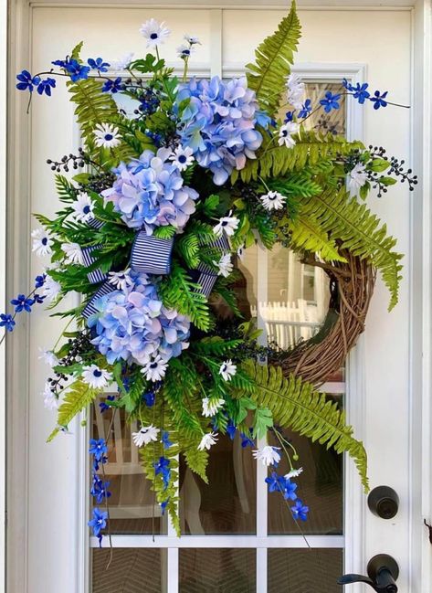 Floral Baskets For Front Door, White Filler Flowers, Front Door Blue, Blue Hydrangea Wreath, Summer Wreath For Front Door, Filler Flowers, Floral Door Wreaths, Cottage Wreath, Spring Floral Wreath