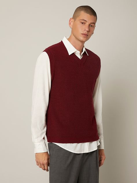 SHEIN BASICS Men V-neck Sweater Vest | SHEIN USA V Neck Vest Outfit Men, Red Sweater Vest Outfit Men, Cardigan Vest Outfit Men, Red Vest Outfit Men, Red Sweater Vest Outfit, Knitted Vest Outfit Men, Burgundy Outfit Men, Cardigan Vest Outfit, Red Vest Outfit