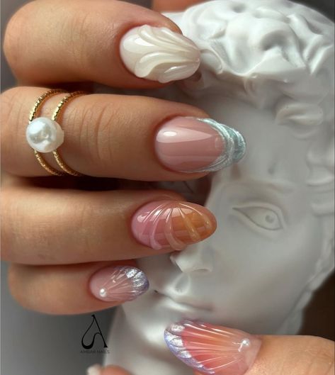 Wave Nails, Korean Nail, 3d Nail Designs, 3d Nail Art Designs, Korean Nail Art, Fantasy Nails, Beige Nails, Summery Nails, Mermaid Nails