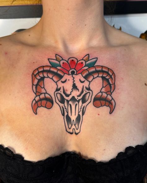 Ram skull for Courtney, thanks duck! I have a few spaces left to fill this month, DM or fill out a form (link in bio) your ideas or mine ✌️ . . . #tradtattoo #chesttattoo #skulltattoo #oldschooltattoo #newcastleunderlyme #staffordshire #stokeontrent #uktraditionaltattoo #tattoo American Traditional Ram Tattoo, Traditional Ram Tattoo, Ram Head Tattoo, Ram Skull Tattoo, Two Headed Calf Tattoo, Deer Skull Tattoo, Deer Skull Tattoos, Ram Tattoo, Back Tats