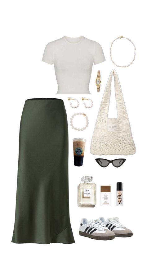 Spring outfit inspiration, adidas samba, satin skirt, skims dupe, sunglasses, fashion, makeup, pearls jewells A Line Long Skirt, A Line Skirt Outfits, Satin Skirt Outfit, Samba Outfit, Maxi Skirt Outfits, Casual Outfit Inspiration, Casual Day Outfits, Sunglasses Fashion, Casual Chic Outfit