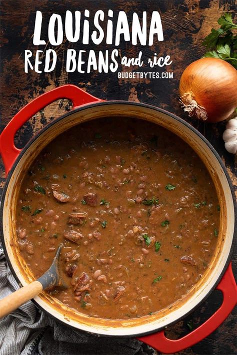 Classic Louisiana style red beans and rice are naturally budget friendly meal that will give you leftovers for days! Freezer friendly! BudgetBytes.com Red Bean And Rice Recipe, Red Beans And Rice Recipe, Red Beans N Rice Recipe, Louisiana Style, Cajun Dishes, Red Beans And Rice, Budget Bytes, Cajun Cooking, Louisiana Recipes