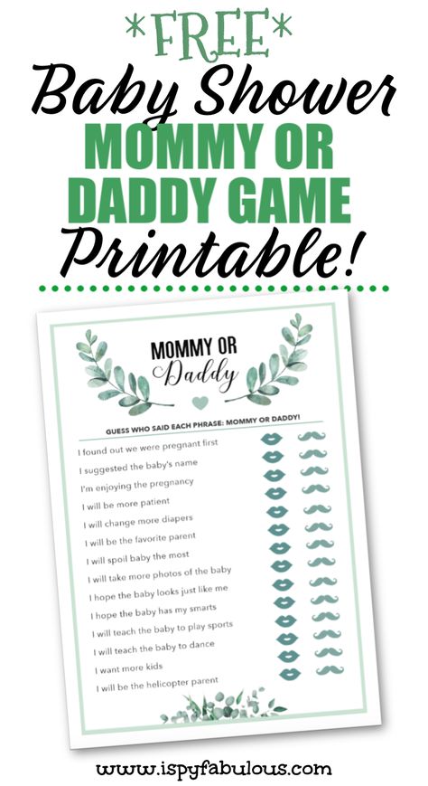 Have some fun with the future parents to be with this mommy or daddy game! To play, just have guests try to guess which parent is most likely to do each item on the list. Download this free baby shower printable. #babyshower #babyshowergames #babyshowerprintables #printables #pregnancy Future Parents, Spoiled Baby, Free Baby Shower Games, Helicopter Parent, Parents To Be, Celebrity Baby Names, Baby Printables, Free Baby Shower, Virtual Baby Shower