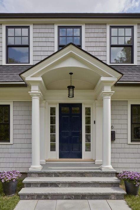 Colonial Bay Window Exterior, White Dutch Colonial Exterior, Adding Porch To Colonial House, Porch On Colonial House, Dutch Colonial Porch, Dutch Colonial Homes Interior Decor, Modern Colonial Front Porch, Garrison Colonial Portico, Front Portico Ideas