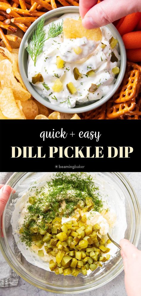 Tangy, thick ‘n creamy, packed with dill pickle flavor—this Dill Pickle Dip is so easy to make and comes together in minutes! Perfect as a dip for appetizers and on sandwiches. | Recipe at BeamingBaker.com Dill Pickle Dip Recipe, Pickle Dip Recipe, Dill Pickle Dip, Pickle Dip, Dill Pickle Chips, Chili Cheese Dips, Quick And Easy Appetizers, Creamy Dip, Dip Recipes Easy