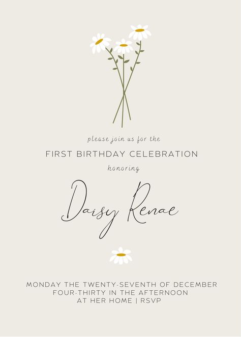 Daisy birthday invite invitation minimal beautiful simple flowers inspiration Margarita Flower, Daisy Invitations, Daisy Birthday, Bday Invitations, Art Deco Interior Design, Party Inspo, Flower Invitation, Third Birthday, Invitation Card Design