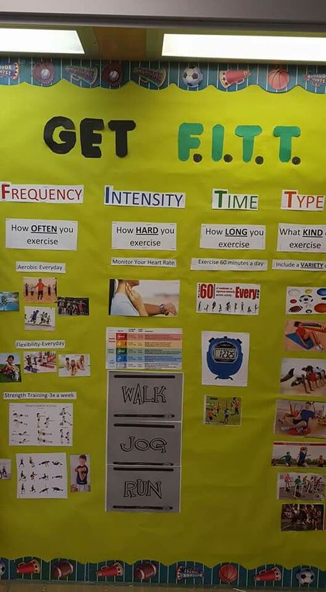 Fitnessgram Bulletin Board, Pe Games Elementary, Pe Classroom, Pe Bulletin Boards, Cork Board Ideas, Teacher Appreciation Doors, Gym Activities, Pe Activities, Pe Ideas