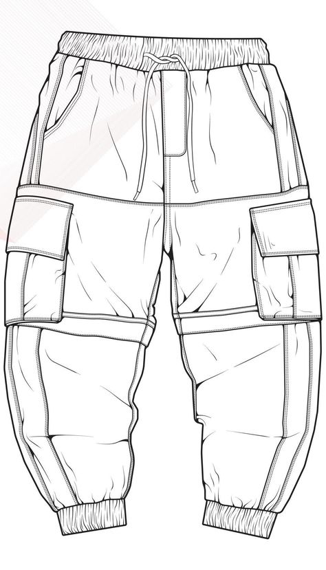 Joggers Drawing, Cargo Pants Sketch, Jogger Pattern, Fashion Sketches Men, Men Cargo Pants, Pants Drawing, Fashion Design Template, Clothing Sketches, Fashion Design Patterns