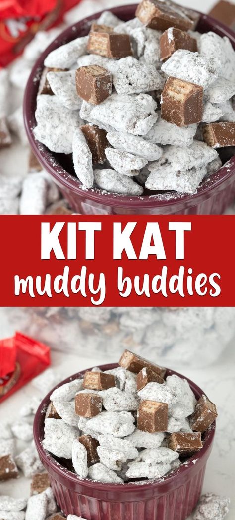 With only 5 ingredients these Kit Kat Muddy Buddies are an easy sweet Chex Mix everyone is addicted to. This is one of our favorite puppy chow flavors - without peanut butter! Easy Puppy Chow, Chex Mix Muddy Buddies, Puppy Chow Snack, Puppy Chow Cookies, Chex Mix Recipes Original, Sweet Chex Mix, Puppy Chow Christmas, Sweet Chex, Puppy Chow Chex Mix Recipe