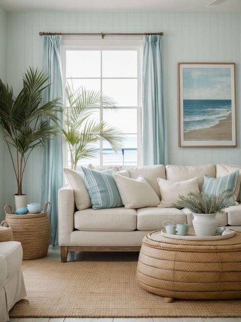 Seaside Cottage Interior Coastal Style, Nautical Decor Living Room, Lakehouse Living Room, Feminine Living Room, Coastal Living Room Ideas, Beach House Colors, Coastal Glam, Airbnb Decor, Beach House Living Room