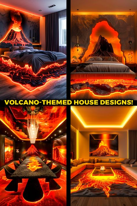 Embark on a journey of architectural brilliance with these stunning volcano-themed house designs! 🌋✨ Witness the fusion of modern luxury and elemental beauty as each space tells a story inspired by the Earth's raw power. From lava-inspired interiors to panoramic views, immerse yourself in the captivating allure of these homes. Redefine your living experience and let the primal energy of volcanoes inspire your sanctuary. #VolcanoHomes #HomeDesign #ArchitecturalMarvels #NatureInspiredLiving Volcano Bedroom Ideas, Volcano Bedroom, Cave Interior Design, Crazy Homes, Lava Wall, Fire Decor, Fire Theme, Phoenix Fire, Crazy Home