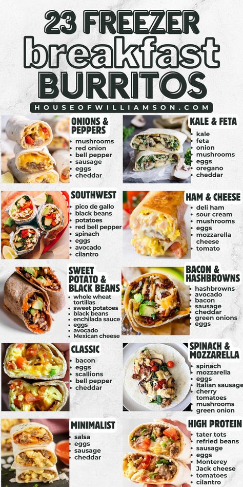 Freezer Make Ahead Breakfast Burritos - by House of Williamson Breakfast Recipes Freezer, Easy Breakfast Ideas To Freeze, Healthy Premade Breakfast Ideas, Breakfast Burrito Recipe Freezer, Breakfast Prep Freezer, Meal Prep Breakfast Burritos High Protein, Breakfast Prep Meals, Shrimp Breakfast Burrito, Freezer Friendly Breakfast Burritos