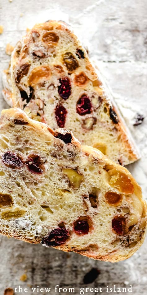 no knead fruit and nut bread, sliced Homemade Bread Dough, Chewy Bread, Dutch Oven Bread, Artisan Bread Recipes, Fruit Bread, No Knead Bread, Nut Bread, No Knead, Bread Recipes Sweet