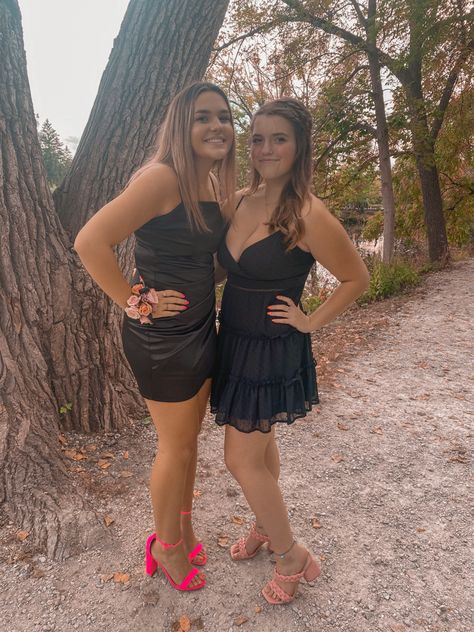 White Hoco Dress With Pink Heels, Black Dress Outfit Hoco, Black Hoco Dress With Pink Heels, Black Homecoming Dress With Pink Heels, Black Dress Hot Pink Heels, Black Dress Pink Heels Hoco, Black Dress Pink Accessories, Black Hoco Dress With Colored Heels, Black Dress Colored Heels