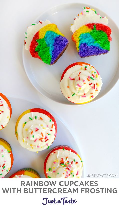 Top-down view of a Rainbow Cupcake topped with buttercream frosting cut in half on white plate next to more rainbow cupcakes with buttercream frosting and sprinkles. Rainbow Cupcakes Recipe, Best Chocolate Buttercream Frosting, Cupcakes With Buttercream Frosting, Cupcakes With Buttercream, Buttercream Frosting For Cupcakes, Rainbow Desserts, Rainbow Cupcake, Moist Cupcakes, Just A Taste