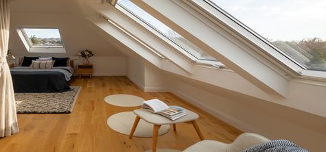 Velux Loft Conversion, Loft Conversion Ideas, Chalet Ideas, Edinburgh Flat, Loft Windows, Pyramid Roof, Attic Office, Conservatory Roof, Velux Windows