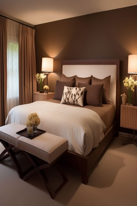 An inviting bedroom with a dark brown color scheme, plush bedding, and elegant furniture. Small Bedroom Bed, Styling Bedroom, Dark Brown Bedrooms, Brown Bedroom Decor, Brown Headboard, Colors Bedroom, Bedroom Makeovers, Bedroom Color Combination, Bedroom Styling