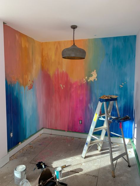 Drip Paint Wall Mural, Acrylic Paint On Walls Bedroom, Crazy Painted Walls, Splatter Paint Walls Bedroom, Multicolor Wall Paint Ideas, Rorys Room, Basement Mural, Aria Bedroom, Multicolor Bedroom