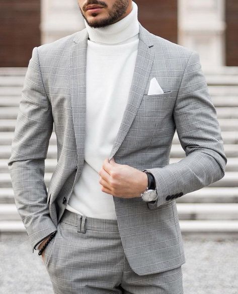 @streetstylelounge: “@FashionNovaMEN Knows Good Style 💥 Get Back To Basics With @FashionNovaMEN 🙌 #FashionNova…” White Turtleneck Outfit, Turtleneck Outfit Men, Turtleneck Suit, Grey Check Suit, High Tops Outfit, High Neck Shirts, Blazer Outfits Men, Turtleneck Outfit, Mens Turtleneck