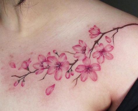 Elegant Cherry Blossom Tattoo, Sakura Tattoo Shoulder, Cherry Blossom Tattoo On Shoulder, Cherry Blossom Branch Tattoo Design, Coloured Floral Tattoo, Cherry Blossom Cat Tattoo, Cherry Flowers Tattoo, Cherry Blossom Tattoo Women, Cherry Blossom Tattoo Collar Bone